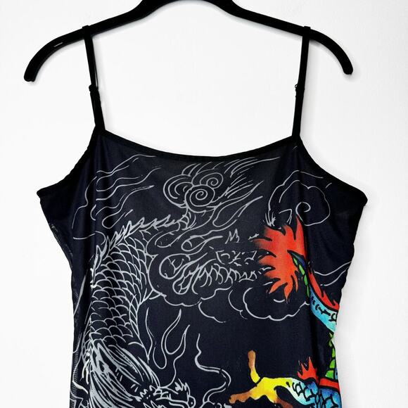 Ed Hardy Vintage Mesh Mini Dress in Black Tattoo Dragon Print Size Large - Picture 2 of 8
